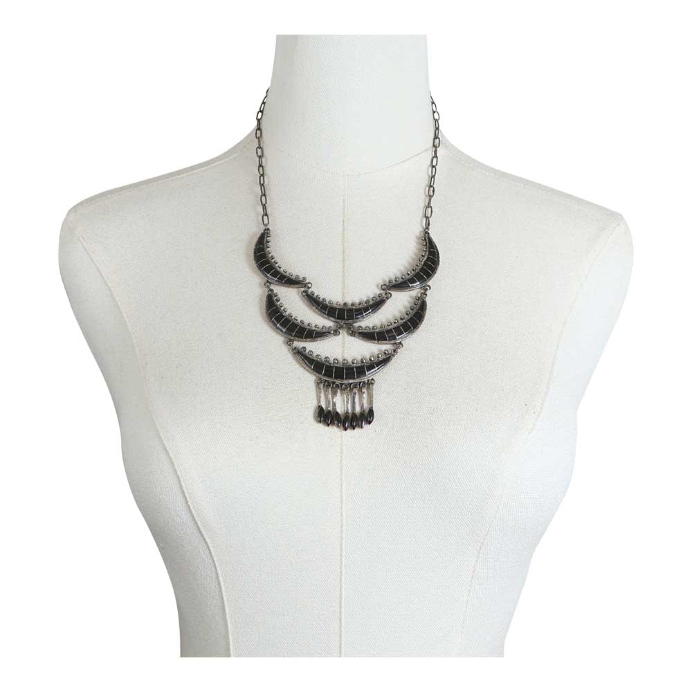 Vintage Zuni Acoma Jet Inlay Chandelier Style Necklace: Sterling Silver | Genuine Jet | Vintage Zuni Acoma Jet Inlay Chandelier Style Necklace | Zuni Native American Southwest Indian Jewelry | Good (no breaks or damages) | Approximate Weight: 50 Grams | Ne
