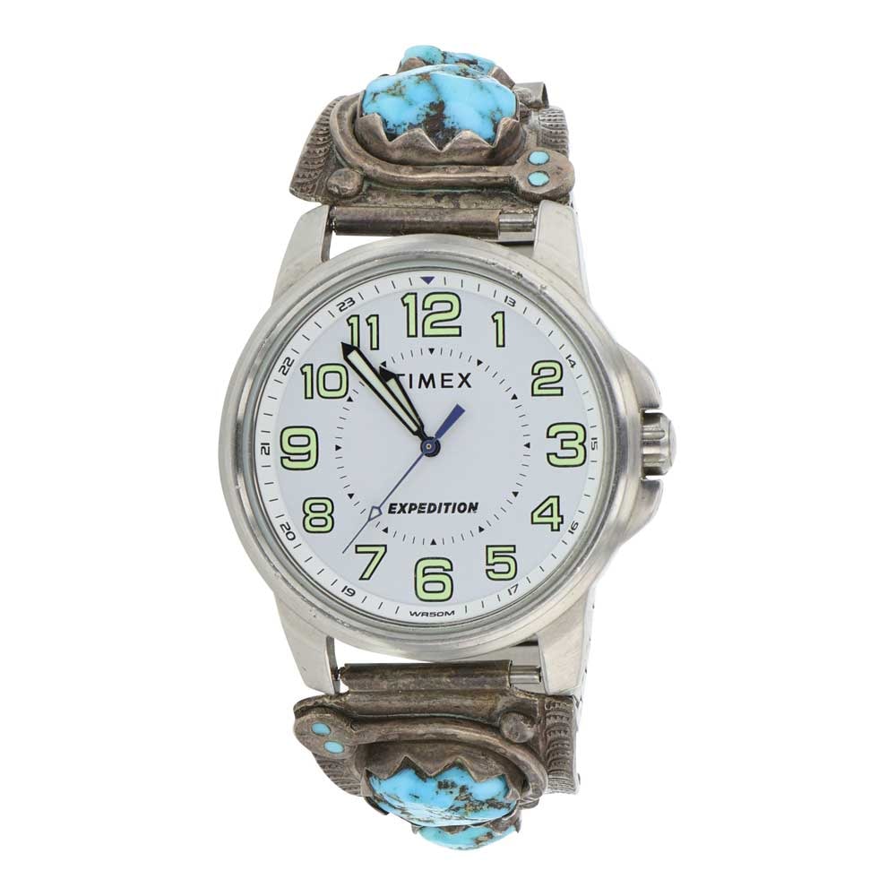 Effie Calavaza ( Effie C.) Zuni Sleeping Beauty Turquoise Snake Watch Bracelet: Sterling Silver | Genuine Sleeping Beauty Turquoise | Effie Calavaza ( Effie C.) Zuni Sleeping Beauty Turquoise Snake Watch Bracelet | Zuni Native American Southwest Indian Jewelry | Good (no breaks o