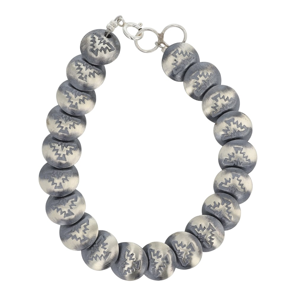 Navajo Stamp-Work Pillow Beads Bracelet: Sterling Silver | | Navajo Stamp-Work Pillow Beads Bracelet | Navajo Native American Southwest Indian Jewelry | Good (no breaks or damages) | Approximate Weight: 21 Grams | Bracelet: 8" length, .5" fa