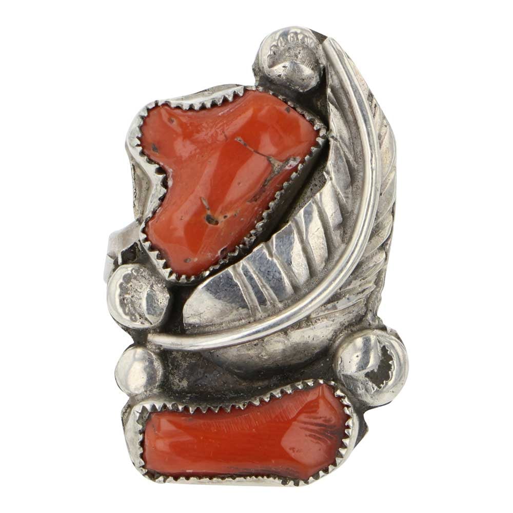 Vintage Navajo Freeform Coral Two Stone Ring: Sterling Silver | Genuine Coral | Vintage Navajo Freeform Coral Two Stone Ring | Navajo Native American Southwest Indian Jewelry | Good (no breaks or damages) | Approximate Weight: 10 Grams | Ring: 7 