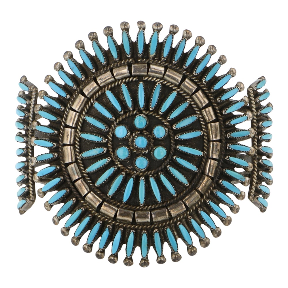 Dan Estate Zuni Sleeping Beauty Turquoise Needlepoint Cuff Bracelet: Sterling Silver | Genuine Sleeping Beauty Turquoise | Dan Estate Zuni Sleeping Beauty Turquoise Needlepoint Cuff Bracelet | Zuni Native American Southwest Indian Jewelry | Good (no breaks or damages) 