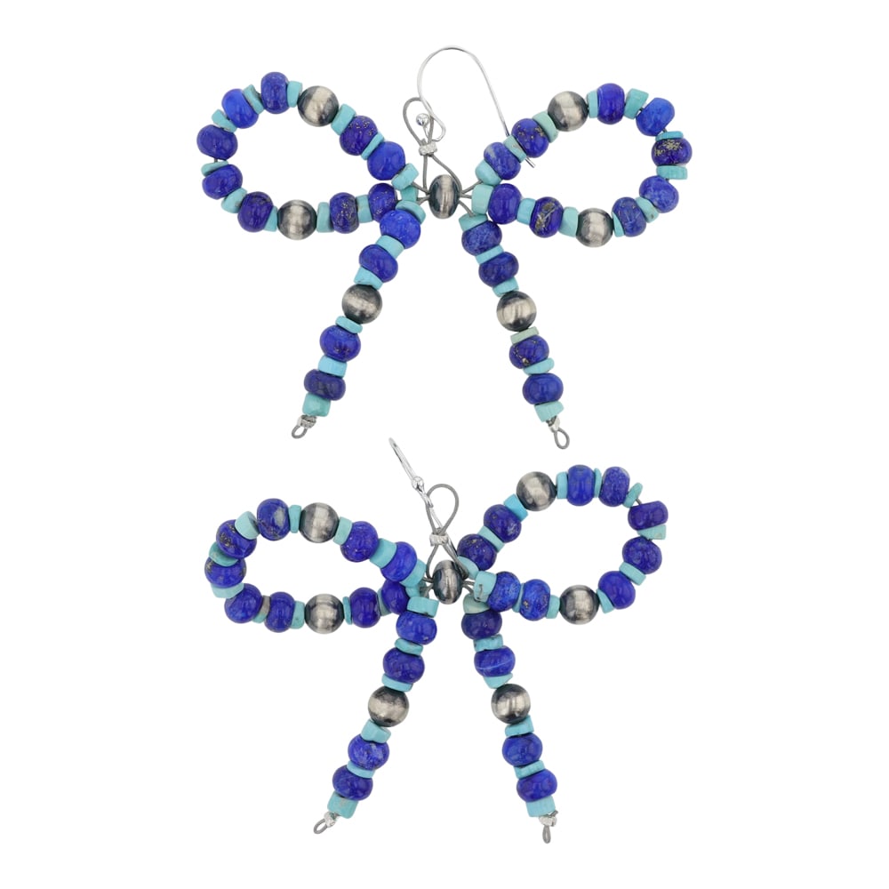 Navajo Turquoise Lapis & Oxidized Beads Bow Tie Earrings: Sterling Silver | Genuine Turquoise & Lapis | Navajo Turquoise Lapis & Oxidized Beads Bow Tie Earrings | Navajo Native American Southwest Indian Jewelry | Good (no breaks or damages) | Approximate Wei