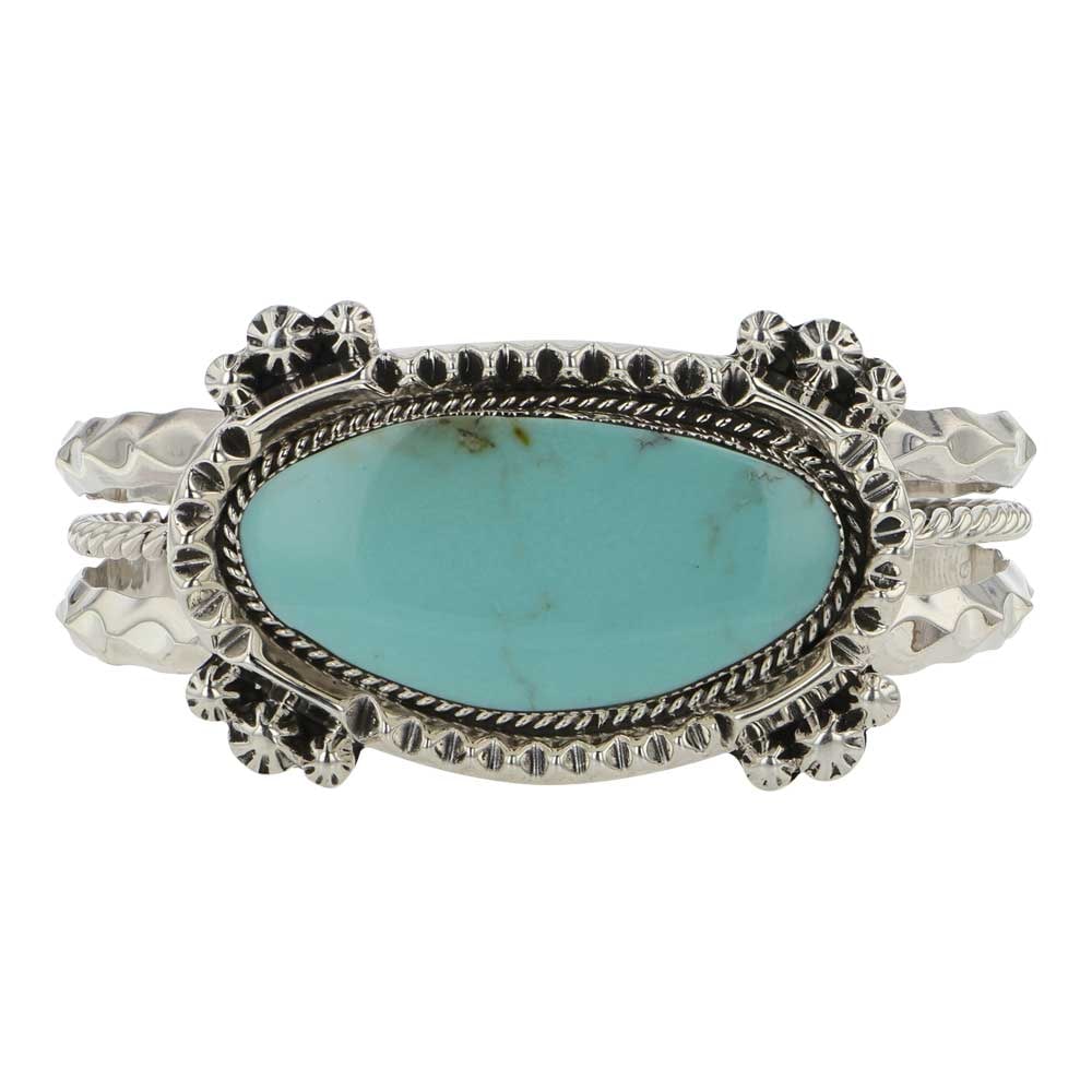 RB Navajo Campitos Turquoise Cuff Bracelet: Sterling Silver | Genuine Campitos Turquoise | RB Navajo Campitos Turquoise Cuff Bracelet | Navajo Native American Southwest Indian Jewelry | Good (no breaks or damages) | Approximate Weight: 44 Grams