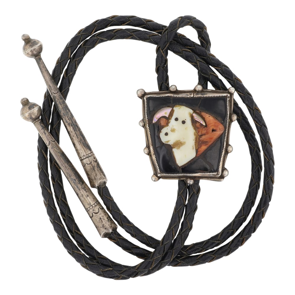Vintage Zuni Coral Jet Shell & Ironwood Inlay Bolo Tie: Sterling Silver | Genuine Coral, Acoma Jet, Shell & Ironwood | Vintage Zuni Coral Jet Shell & Ironwood Inlay Bolo Tie | Zuni Native American Southwest Indian Jewelry | Good (no breaks or damages) | Ap