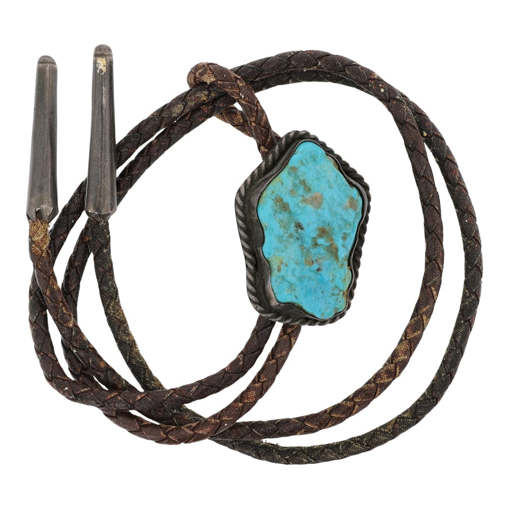 Vintage Navajo Kingman Turquoise Freeform Bolo Tie: Sterling Silver | Genuine Kingman Turquoise | Vintage Navajo Kingman Turquoise Freeform Bolo Tie | Navajo Native American Southwest Indian Jewelry | Good (no breaks or damages) | Approximate Weight: 3