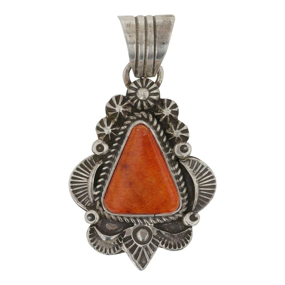 Navajo Spiny Oyster Pendant: Sterling Silver | Genuine Spiny Oyster | Navajo Spiny Oyster Pendant | Navajo Native American Southwest Indian Jewelry | Good (no breaks or damages) | Approximate Weight: 5 Grams | Necklace: 1.5" x .7