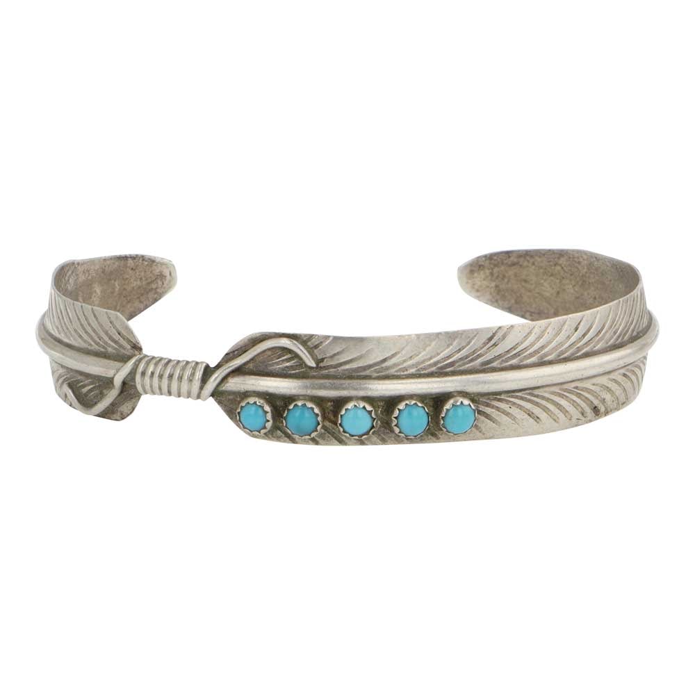 Navajo Kingman Turquoise Feather Bracelet: Sterling Silver | Genuine Kingman Turquoise | Navajo Kingman Turquoise Feather Bracelet | Navajo Native American Southwest Indian Jewelry | Good (no breaks or damages) | Approximate Weight: 6 Grams | 