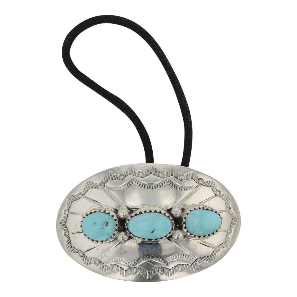 Navajo Lone Mountain Turquoise Pony Tail Hair Barrette: Sterling Silver | Genuine Lone Mountain Turquoise | Navajo Lone Mountain Turquoise Pony Tail Hair Barrette | Navajo Native American Southwest Indian Jewelry | Good (no breaks or damages) | Approximate