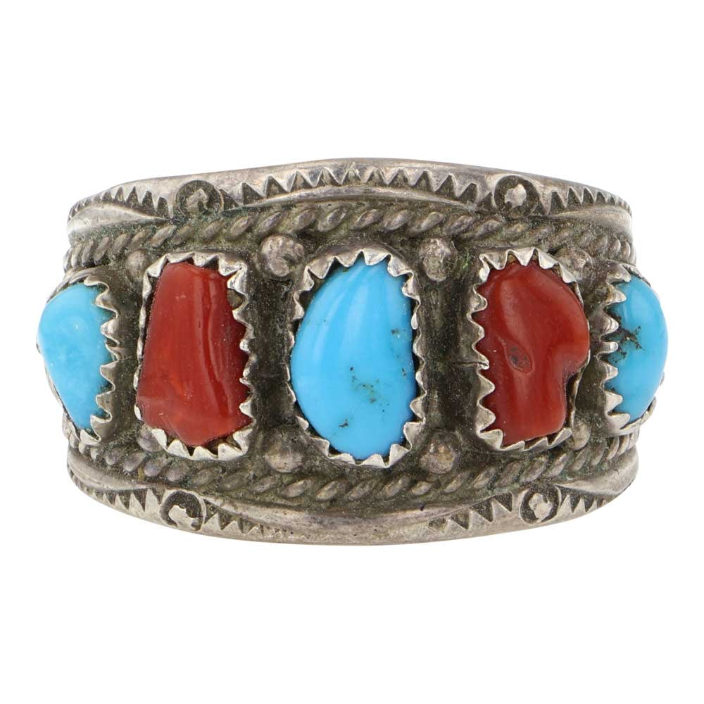 Navajo Turquoise & Coral Ring: Sterling Silver | Genuine Turquoise & Coral | Navajo Turquoise & Coral Ring | Navajo Native American Southwest Indian Jewelry | Good (no breaks or damages) | Approximate Weight: 8 Grams | Ring: 12 siz