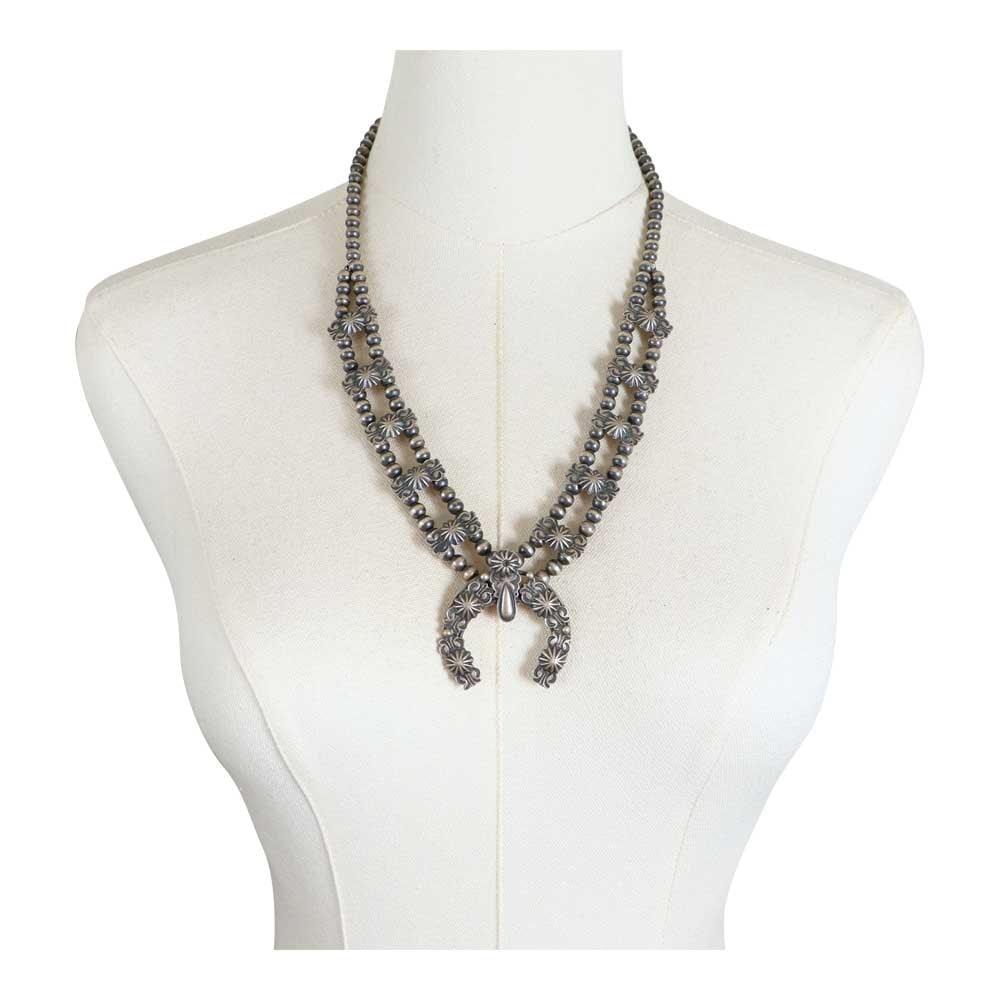 Navajo Stamp-Work Plain Silver Squash Blossom Necklace: Sterling Silver | | Navajo Stamp-Work Plain Silver Squash Blossom Necklace | Navajo Native American Southwest Indian Jewelry | Good (no breaks or damages) | Approximate Weight: 58 Grams | Necklace: 24