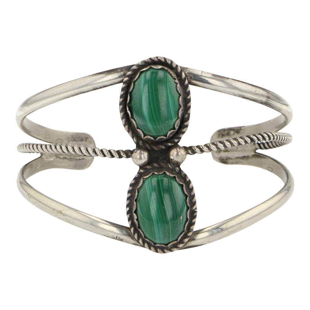 Vintage Navajo Malachite Two Stone Cuff Bracelet: Sterling Silver | Genuine Malachite | Vintage Navajo Malachite Two Stone Cuff Bracelet | Navajo Native American Southwest Indian Jewelry | Good (no breaks or damages) | Approximate Weight: 19 Grams | 