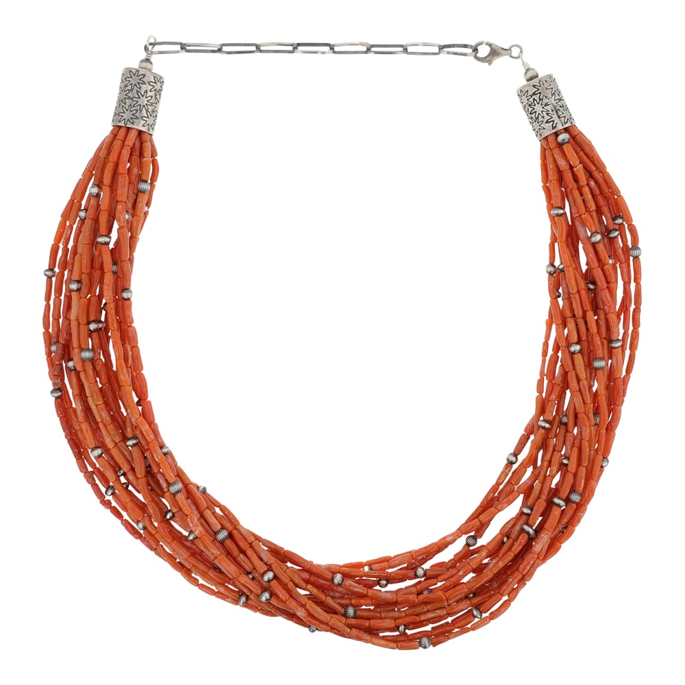 Navajo Mediterranean Coral & Oxidized Beads 20 Strand Necklace: Sterling Silver | Genuine Coral & Oxidized Beads | Navajo Mediterranean Coral & Oxidized Beads 20 Strand Necklace | Navajo Native American Southwest Indian Jewelry | Good (no breaks or damages) | Appr