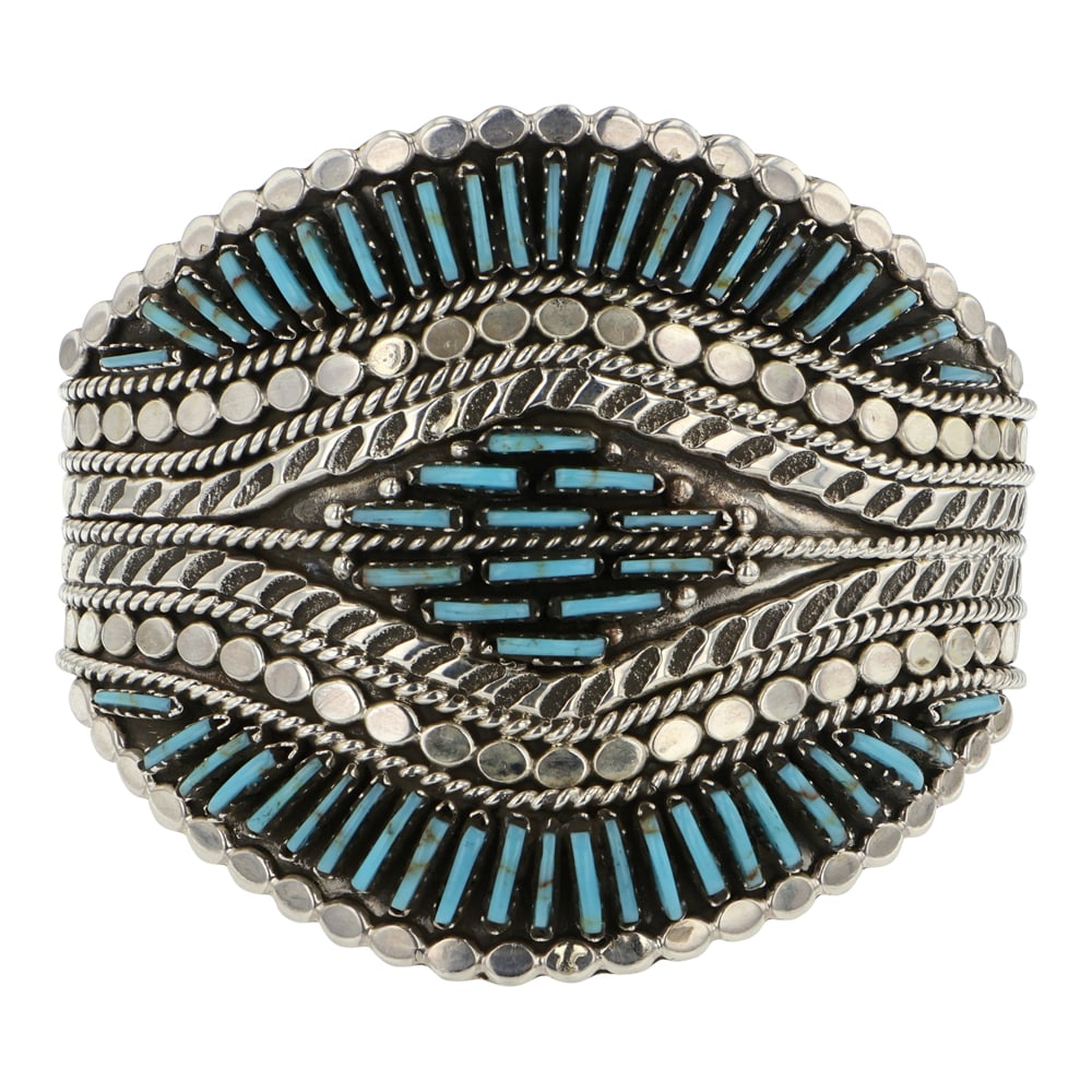 Jason Yazzie Zuni Kingman Turquoise Needlepoitn Cuff Bracelet: Sterling Silver | Genuine Kingman Turquoise | Jason Yazzie Zuni Kingman Turquoise Needlepoitn Cuff Bracelet | Zuni Native American Southwest Indian Jewelry | Good (no breaks or damages) | Approximate 