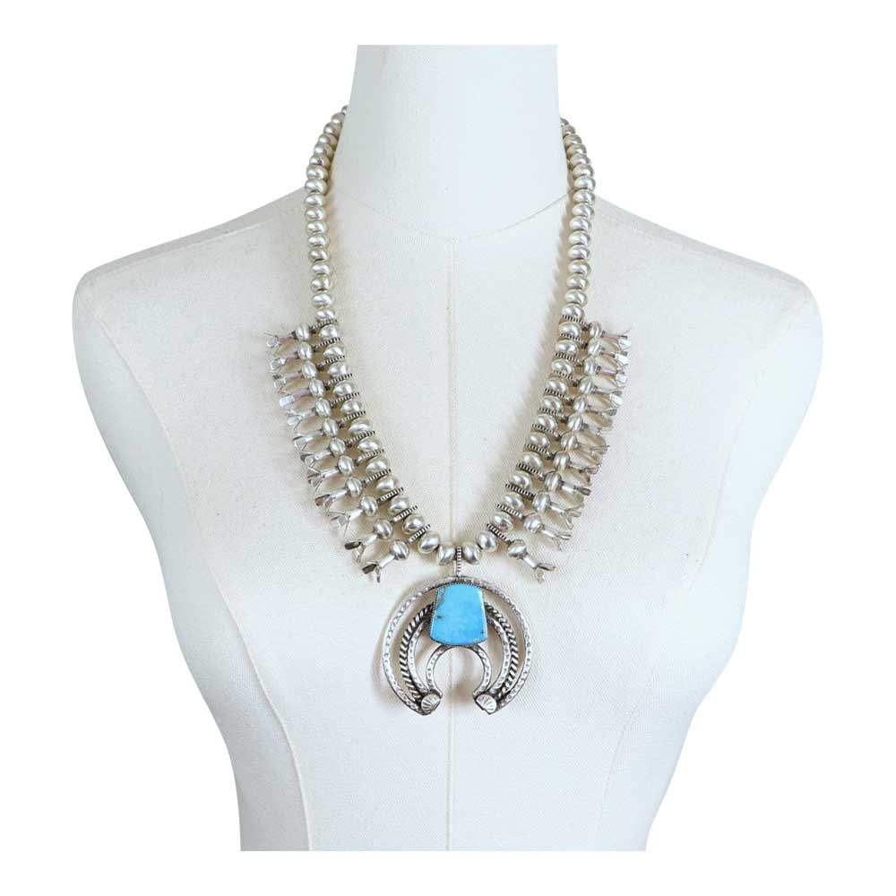 Selena Warner Navajo Blue Ridge Turquoise Squash Blossom Necklace: Sterling Silver | Genuine Blue Ridge Turquoise | Selena Warner Navajo Blue Ridge Turquoise Squash Blossom Necklace | Navajo Native American Southwest Indian Jewelry | Good (no breaks or damages) | App