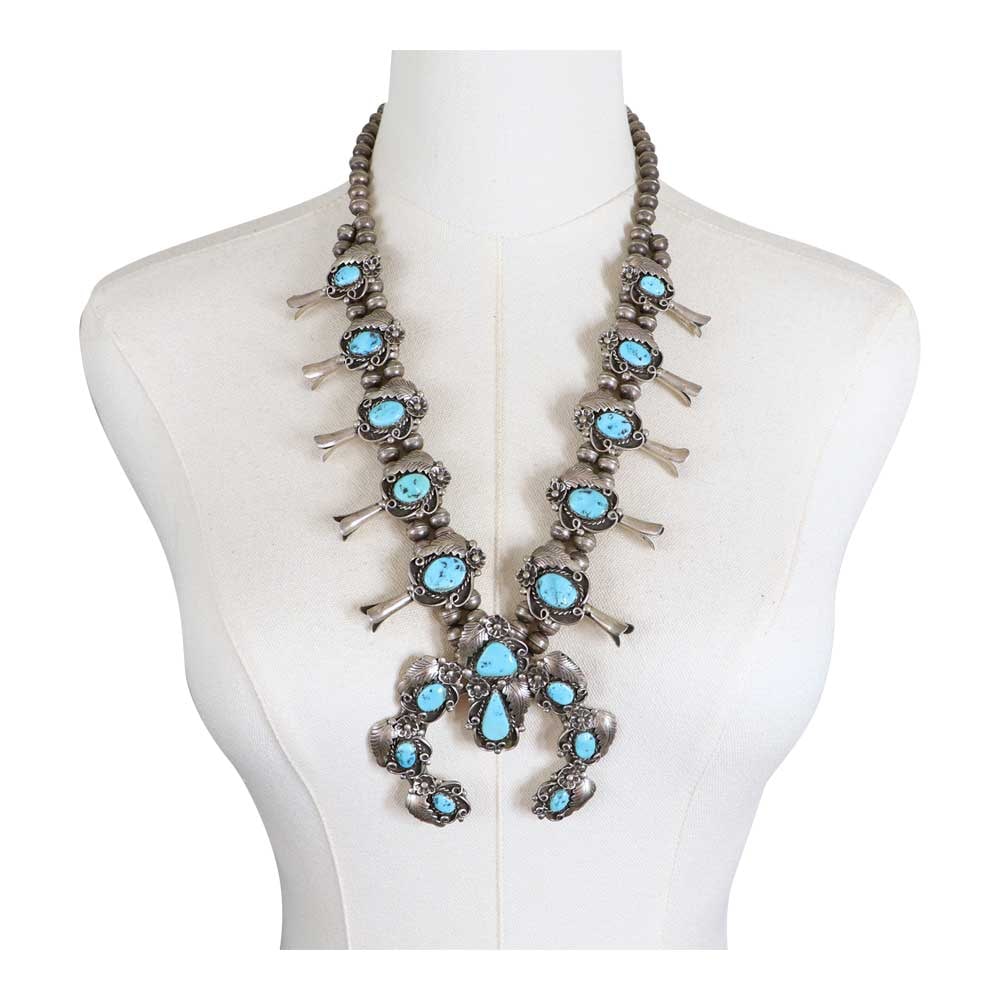 Vintage Navajo Sleeping Beauty Turquoise Squash Blossom Necklace: Sterling Silver | Genuine Sleeping Beauty Turquoise | Vintage Navajo Sleeping Beauty Turquoise Squash Blossom Necklace | Navajo Native American Southwest Indian Jewelry | Good (no breaks or damages) |