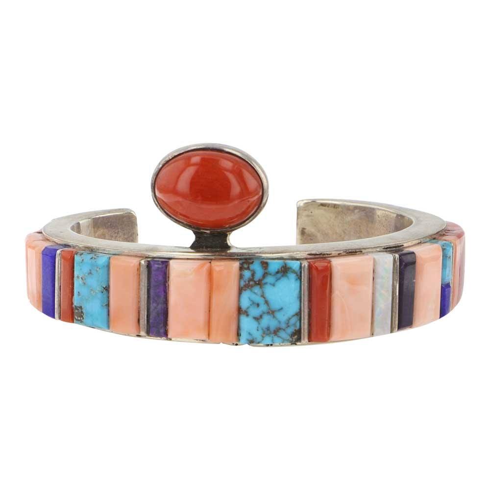 Wes Willie Award Winning Navajo Artist Turquoise Lapis Sugilite Opal & Mediterranean Coral: Sterling Silver | Genuine Turquoise, Lapis, Sugilite, Opal, Mediterranean Coral & Gem Grade Japanese Momo Coral Cabochon | Wes Willie Award Winning Navajo Artist Turquoise Lapis Sugilite Opal & Medite