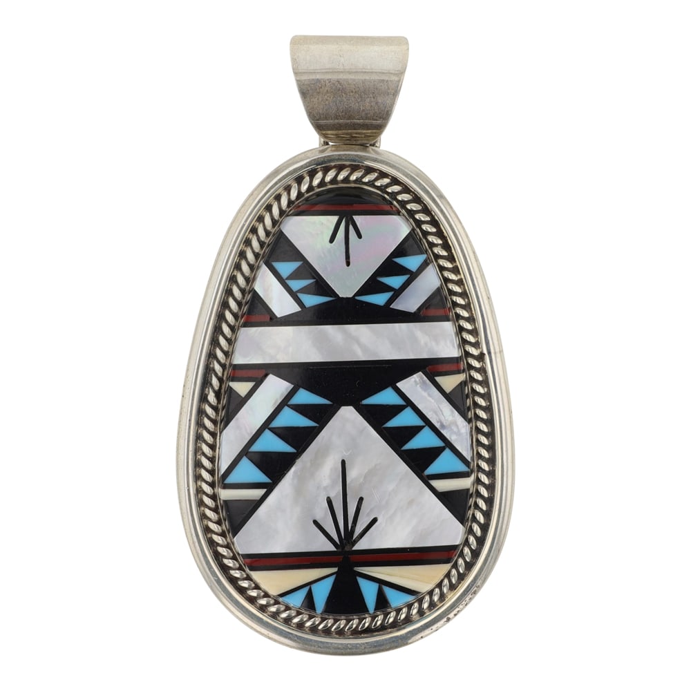 Zuni Turquoise Coral Mother of Pearl & Acoma Jet Inlay Pendant (1 of 2)