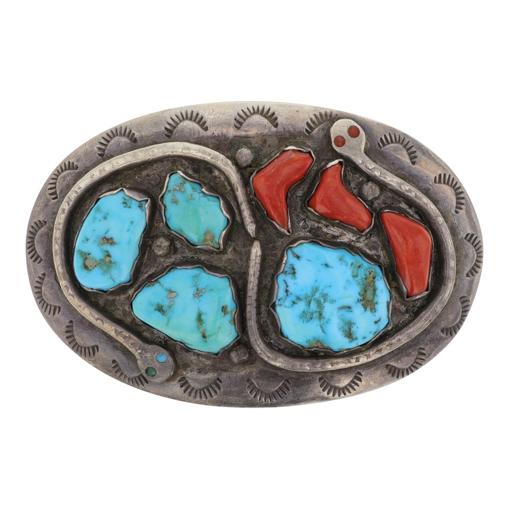 Effie Calavaza ( Effie C) Vintage Turquoise & Coral Snake Belt Buckle (1 of 2)