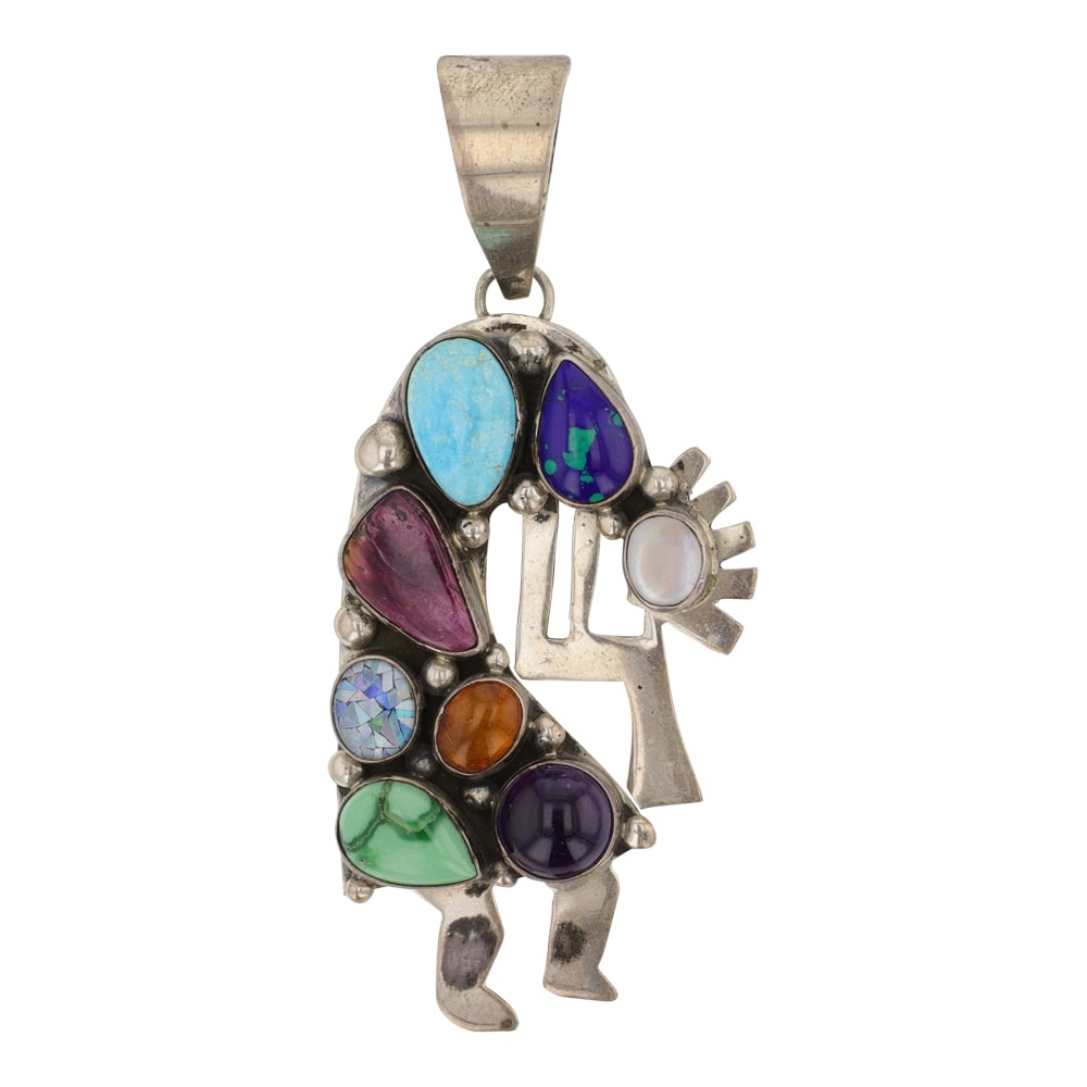 Beatty Tom Navajo Turuqoise Spiny Oyster Amethyst Amber Azurite & Tripoli Opal Kokopelli Pendant (1 of 2)