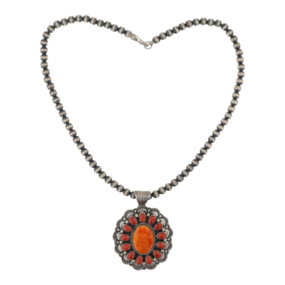 Navajo Mediterranean Coral & Spiny Oyster Cluster Pendant on Oxidized Beads Necklace: Sterling Silver | Genuine Coral | Navajo Mediterranean Coral & Spiny Oyster Cluster Pendant on Oxidized Beads Necklace | Navajo Native American Southwest Indian Jewelry | Good (no breaks or damages) |