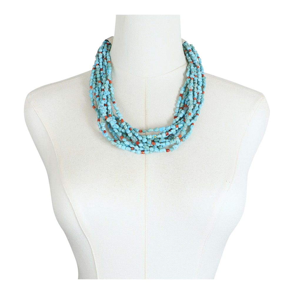 Navajo Kingman Turquoise & Mediterranean Coral 10 Strand Necklace (1 of 3)