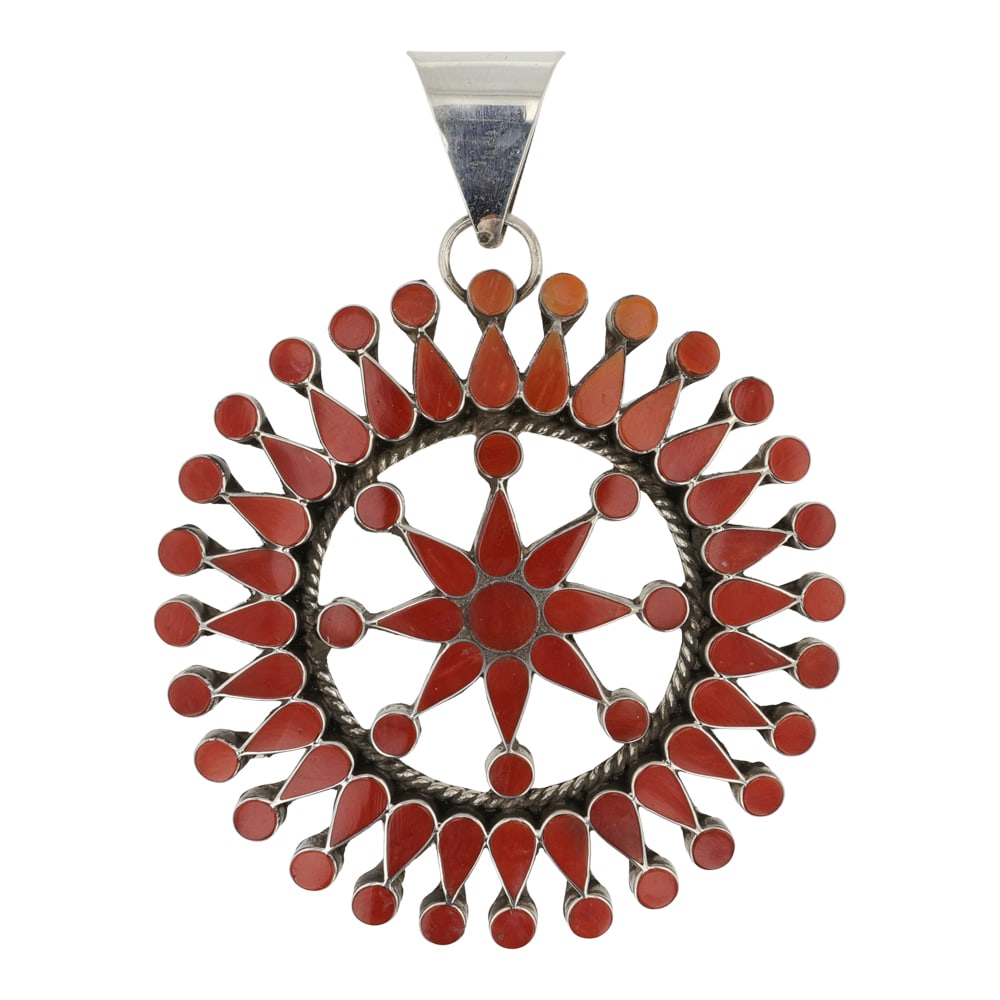 Fadrian & Vivica Bowannie Zuni Mediterranean Coral Inlay Pendant (1 of 2)