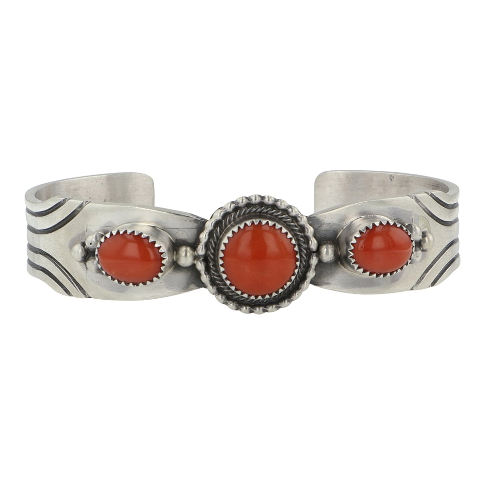 Mark Yazzie Navajo Mediterranean Coral Three Stone Bracelet (1 of 4)