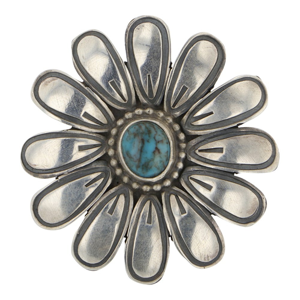 Paul Livingston Navajo Bisbee Turquoise Flower Ring: Sterling Silver | Genuine Bisbee Turquoise | Paul Livingston Navajo Bisbee Turquoise Flower Ring | Navajo Native American Southwest Indian Jewelry | Good (no breaks or damages) | Approximate Weight: 2