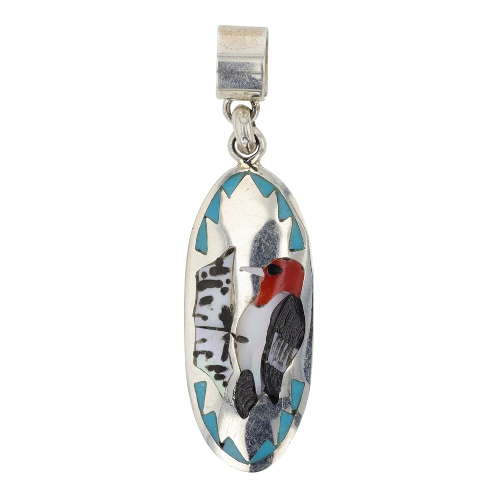 Quentin Quam Award Winning Zuni Turquoise Coral Mother of Peral & Jet Inlay Bird Pendant (1 of 2)