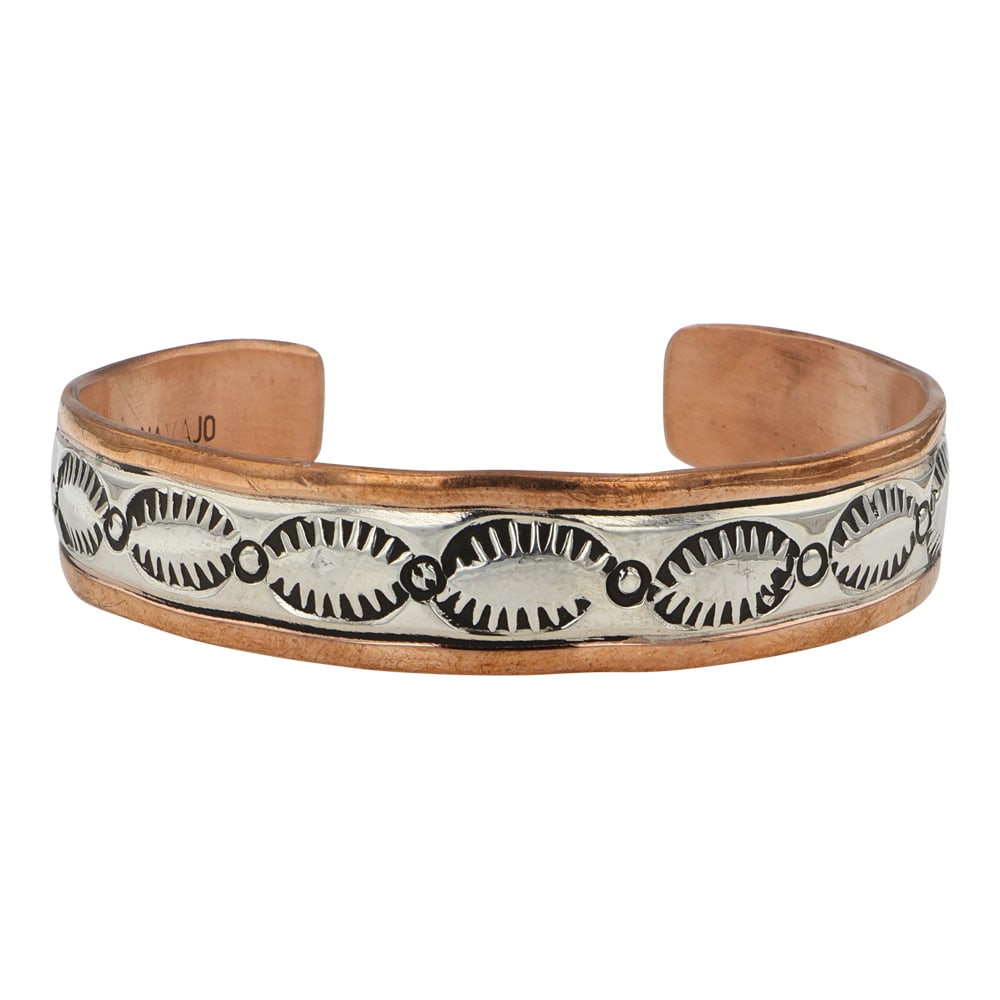 Navajo Sterling Silver & Copper Stamp-Work Cuff Bracelet: Sterling Silver | | Navajo Sterling Silver & Copper Stamp-Work Cuff Bracelet | Navajo Native American Southwest Indian Jewelry | Good (no breaks or damages) | Approximate Weight: 27 Grams | Bracelet: 