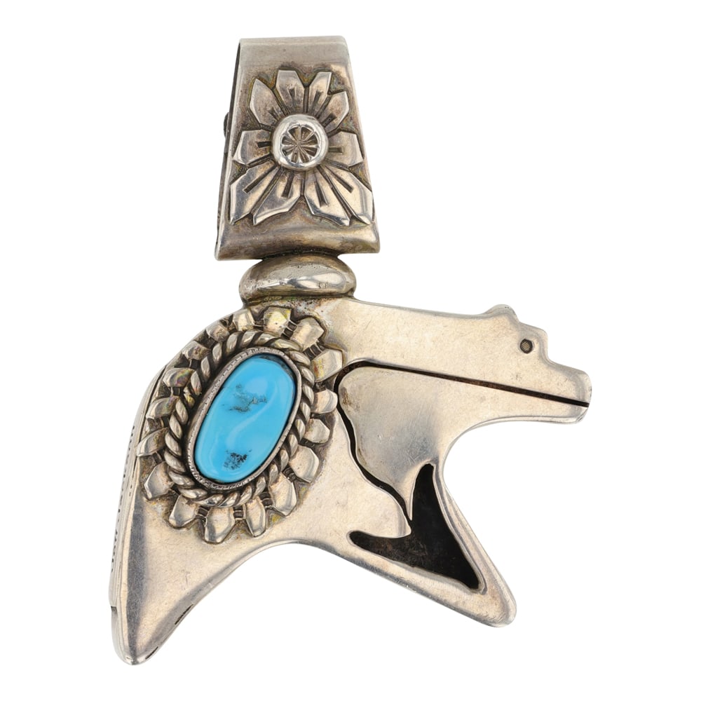 Jeff Jackson Navajo Kingman Turquoise Reversible Intricate Bear Pendant (1 of 4)