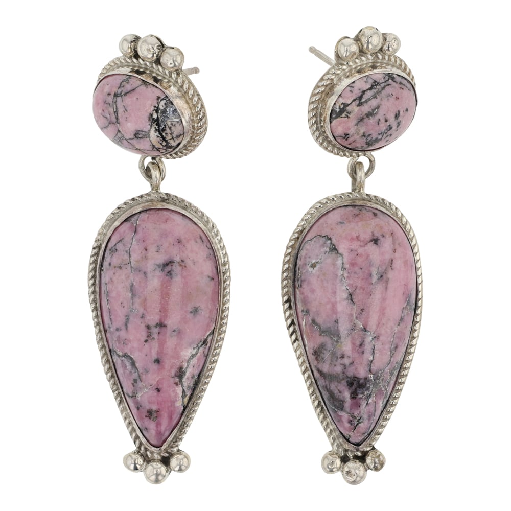 Della Wylie Navajo Rhodonite Earrings: Sterling Silver | Genuine Rhodonite | Della Wylie Navajo Rhodonite Earrings | Navajo Native American Southwest Indian Jewelry | Good (no breaks or damages) | Approximate Weight: 24 Grams | Earrings: 2