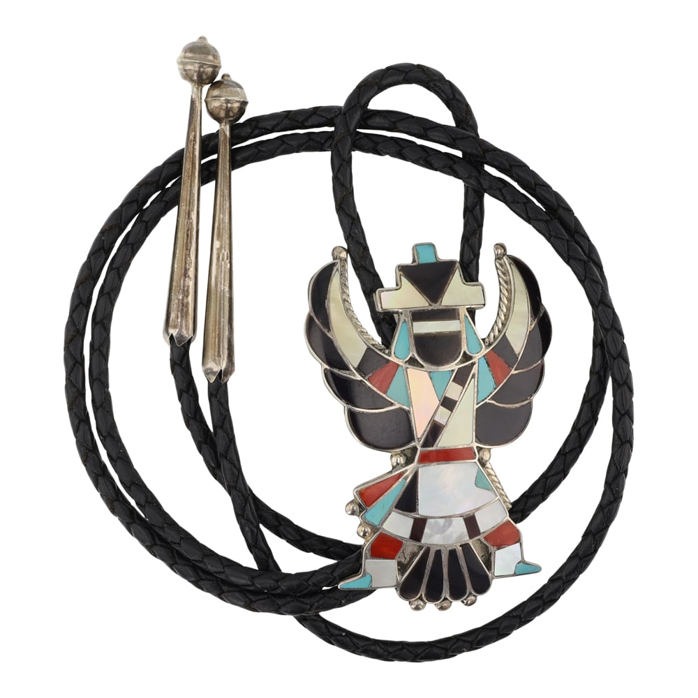 Vintage Zuni Turquoise Coral Mother of Pearl Shell & Acoma Jet Inlay Bolo Tie (1 of 3)