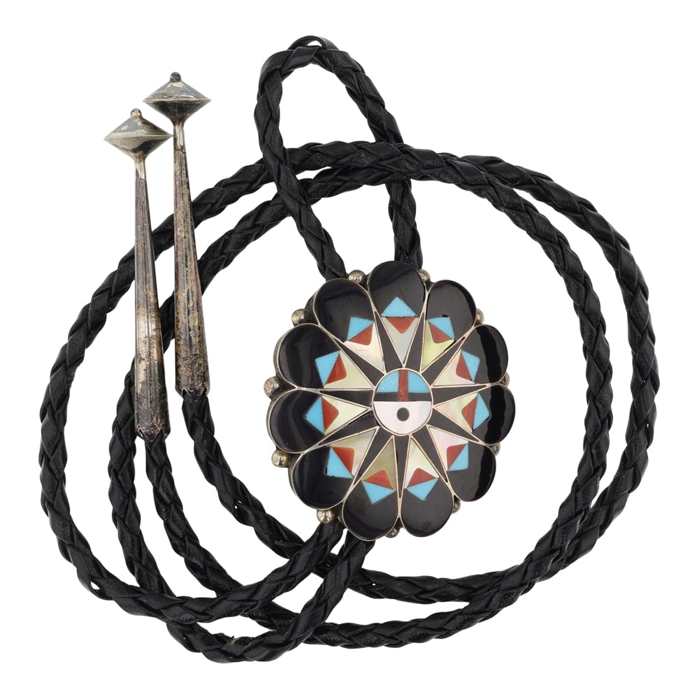 Zuni Turquoise Coral Acoma Jet & Shell Inlay Bolo Tie (1 of 3)