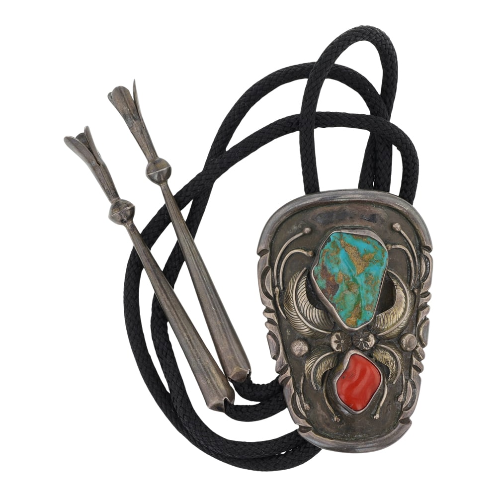 Vintage Navajo Nevada Turquoise & Coral Bolo Tie (1 of 3)