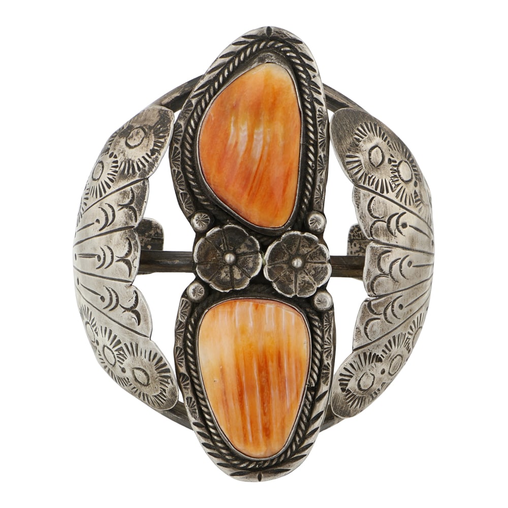 Vintage Navajo Spiny Oyster Large Two Stone Bracelet: Sterling Silver | Genuine Spiny Oyster | Vintage Navajo Spiny Oyster Large Two Stone Bracelet | Navajo Native American Southwest Indian Jewelry | Good (no breaks or damages) | Approximate Weight: 91