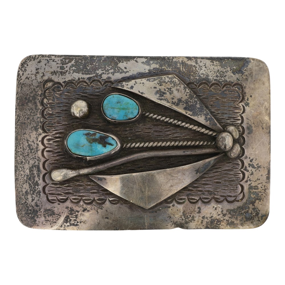 Samson Kee Navjao Nevada Turquoise Belt Buckle: Sterling Silver | Genuine Nevada Turquoise | Samson Kee Navjao Nevada Turquoise Belt Buckle | Navajo Native American Southwest Indian Jewelry | Good (no breaks or damages) | Approximate Weight: 47