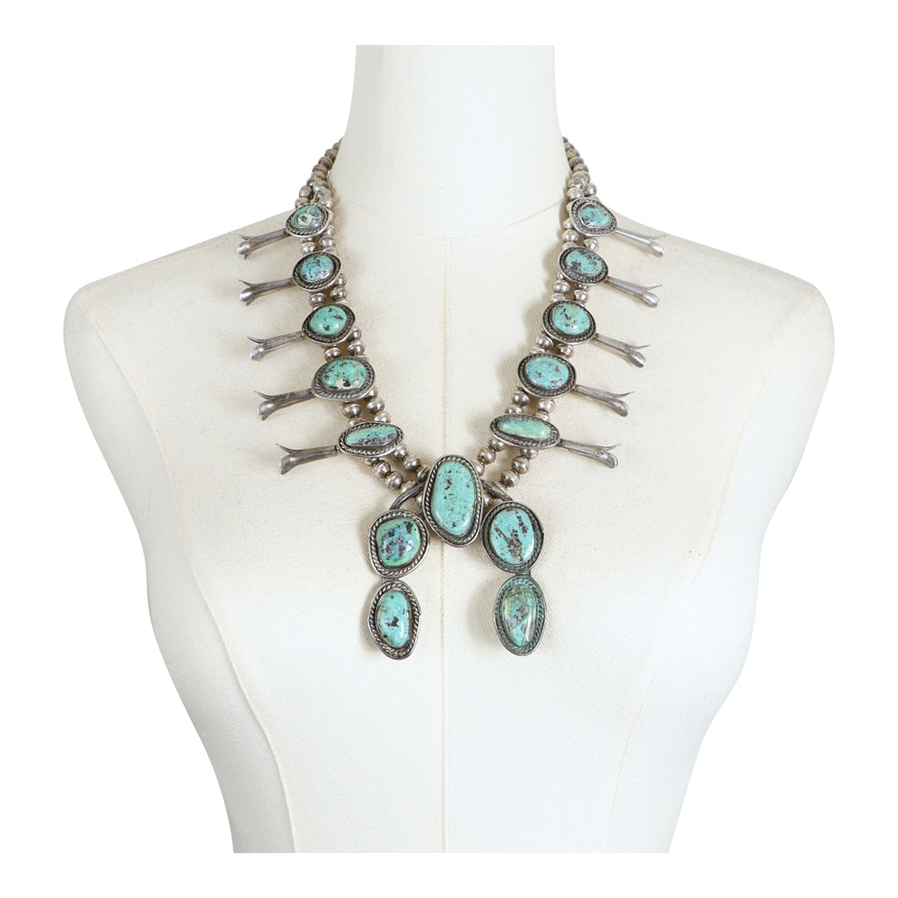 Vintage Navajo 1970's Nevada Turquoise Squash Blossom Necklace (1 of 4)