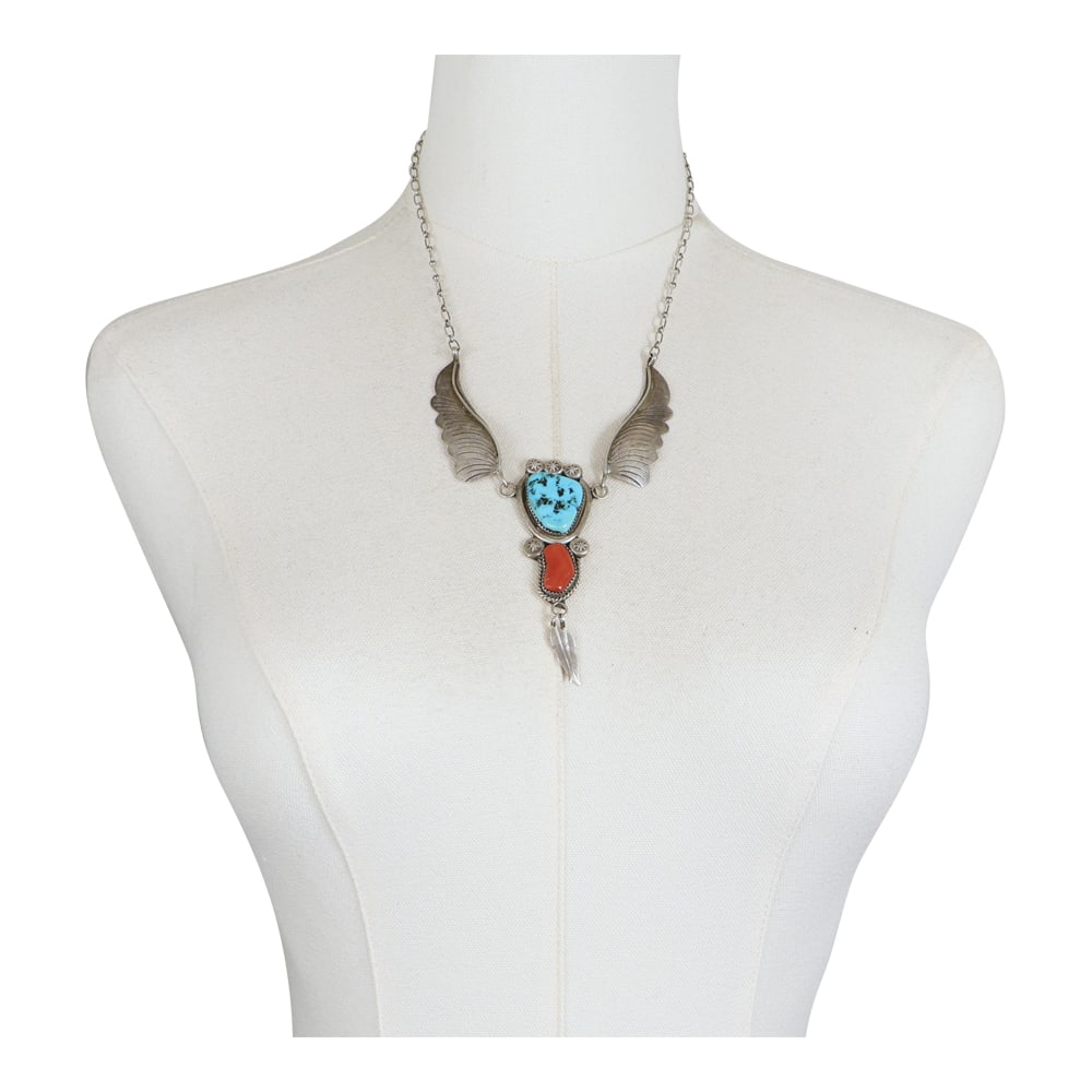 Navajo Turquoise & Coral Leaf Work Choker Necklace: Sterling Silver | Genuine Turquoise & Coral | Navajo Turquoise & Coral Leaf Work Choker Necklace | Navajo Native American Southwest Indian Jewelry | Good (no breaks or damages) | Approximate Weight: 2