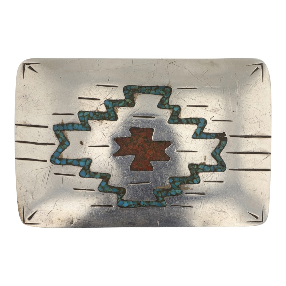 Vintage Navajo Turquoise & Coral Chip Inlay Belt Buckle (1 of 2)