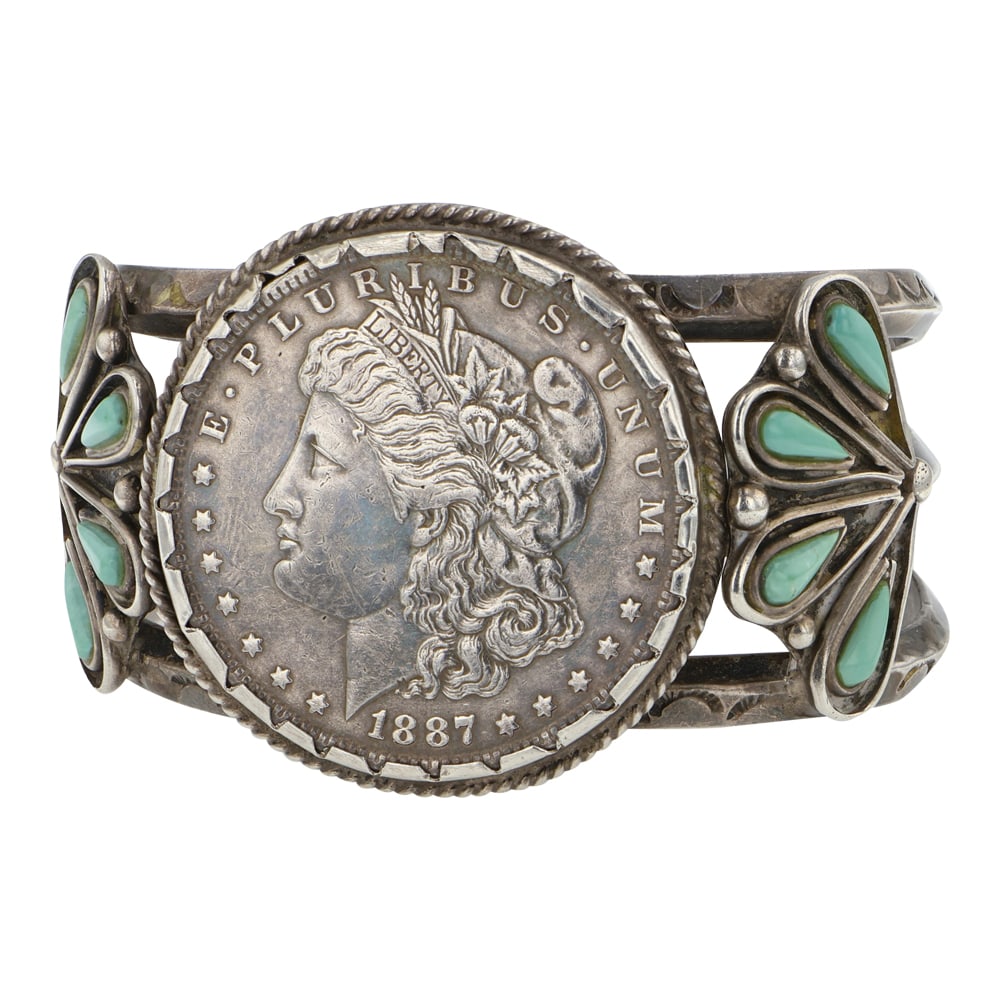 Vintage Navajo Turquoise & Silver Morgan Dollar Cuff Bracelet: Sterling Silver | Genuine Turquoise | Vintage Navajo Turquoise & Silver Morgan Dollar Cuff Bracelet | Navajo Native American Southwest Indian Jewelry | Good (no breaks or damages) | Approximate Weight