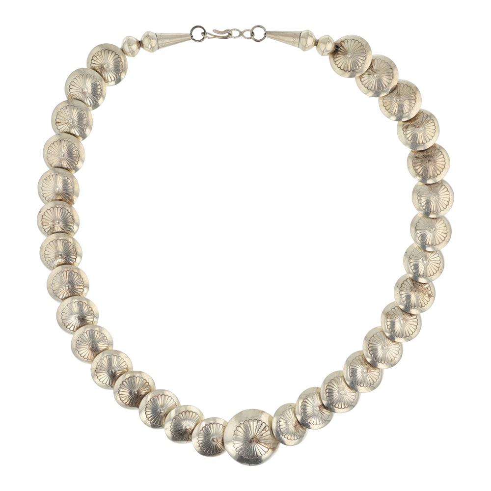 Navajo Stamp-Work Pillow Beads Necklace: Sterling Silver | | Navajo Stamp-Work Pillow Beads Necklace | Navajo Native American Southwest Indian Jewelry | Good (no breaks or damages) | Approximate Weight: 40 Grams | Necklace: 18" length, .75" 