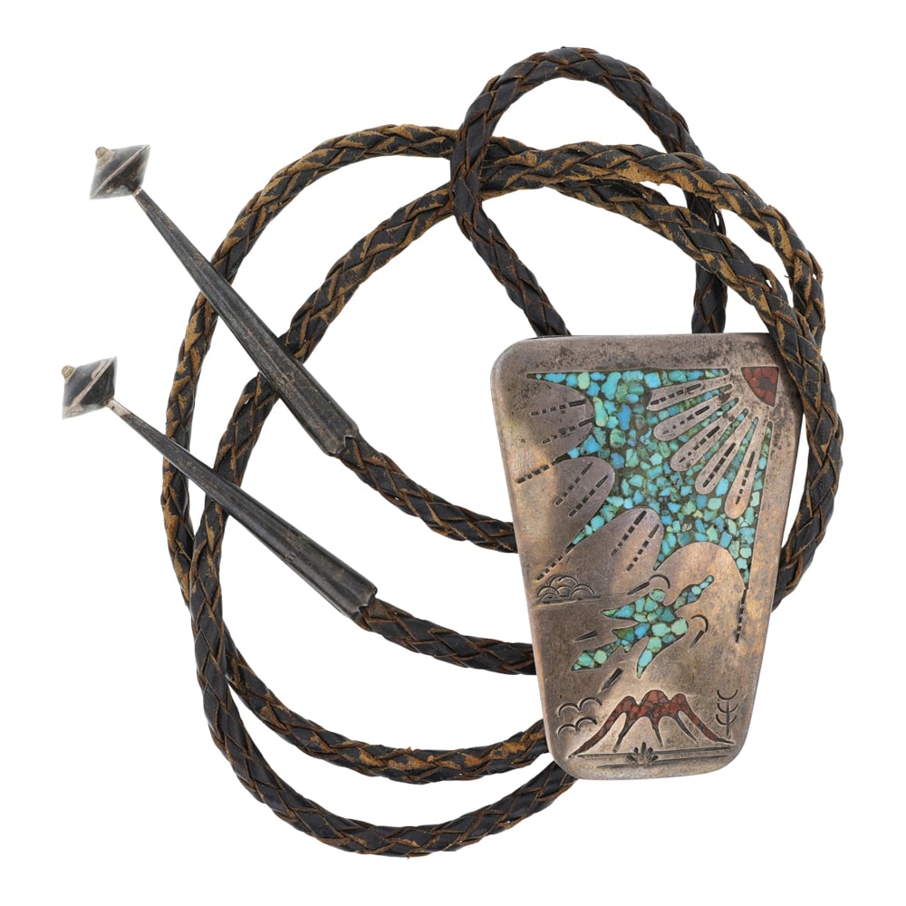 Vintage Navajo Turquoise & Coral Chip Inlay Bolo Tie (1 of 3)