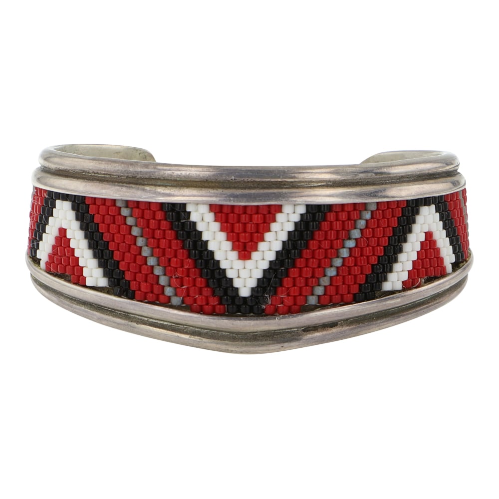 Navajo Sterling Silver & Glass Beadwork Rug Pattern Bracelet (1 of 3)