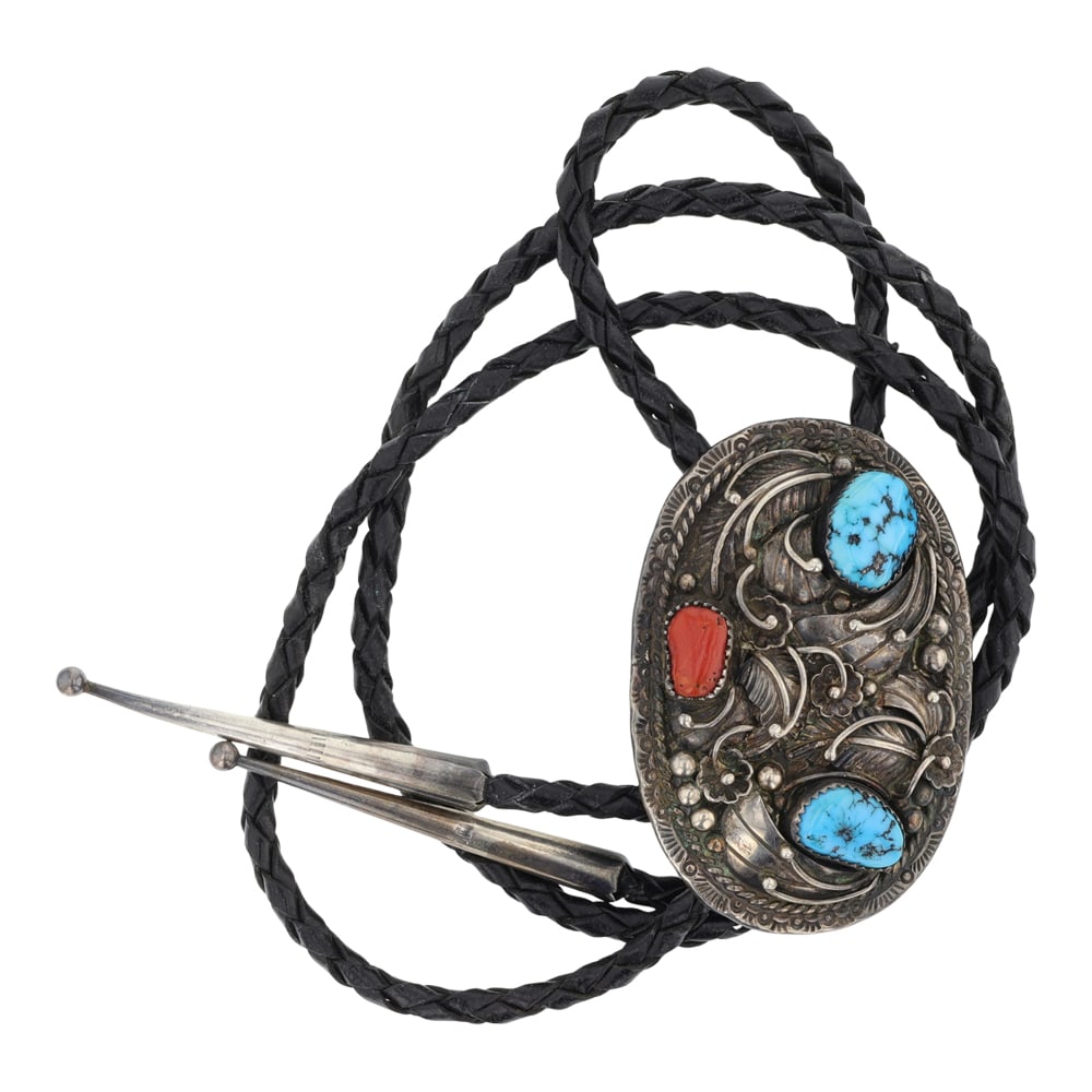 Vintage Navajo Turquoise & Coral Bolo Tie (1 of 3)