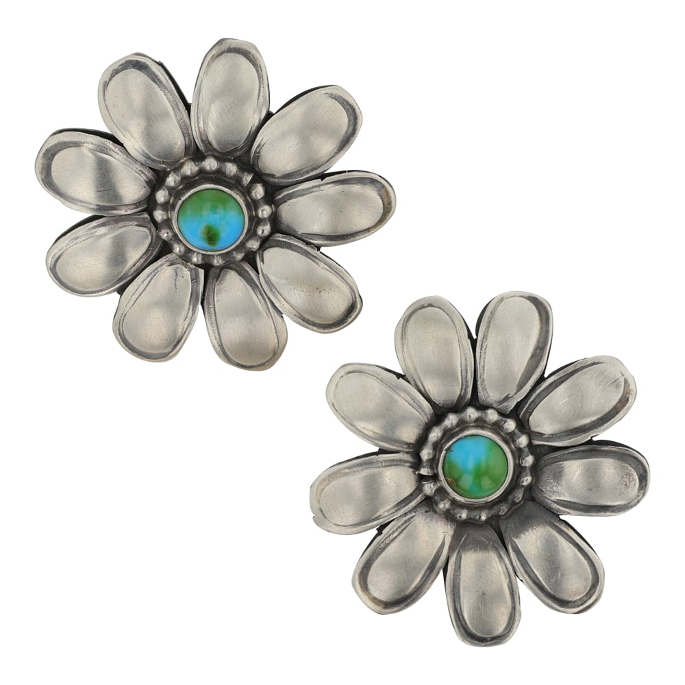 Paul Livingston Navajo Sonoran Gold Turquoise Flower Earrings: Sterling Silver | Genuine Sonoran Gold Turquoise | Paul Livingston Navajo Sonoran Gold Turquoise Flower Earrings | Navajo Native American Southwest Indian Jewelry | Good (no breaks or damages) | Appro