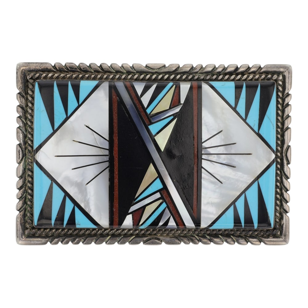 Zuni Turquoise Coral Acoma Jet & Mother of Peral Inlay Belt Buckle (1 of 2)