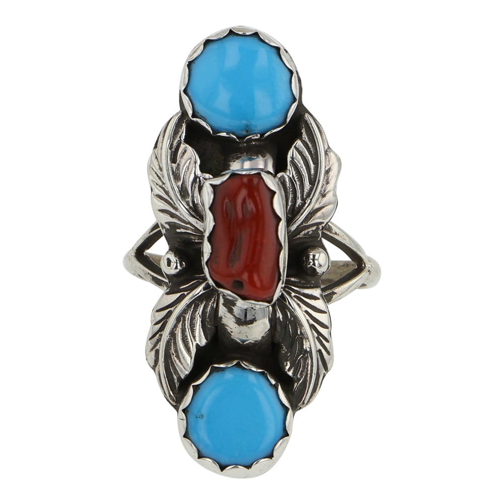 Navajo Turquoise & Coral Three Stone Ring (1 of 3)