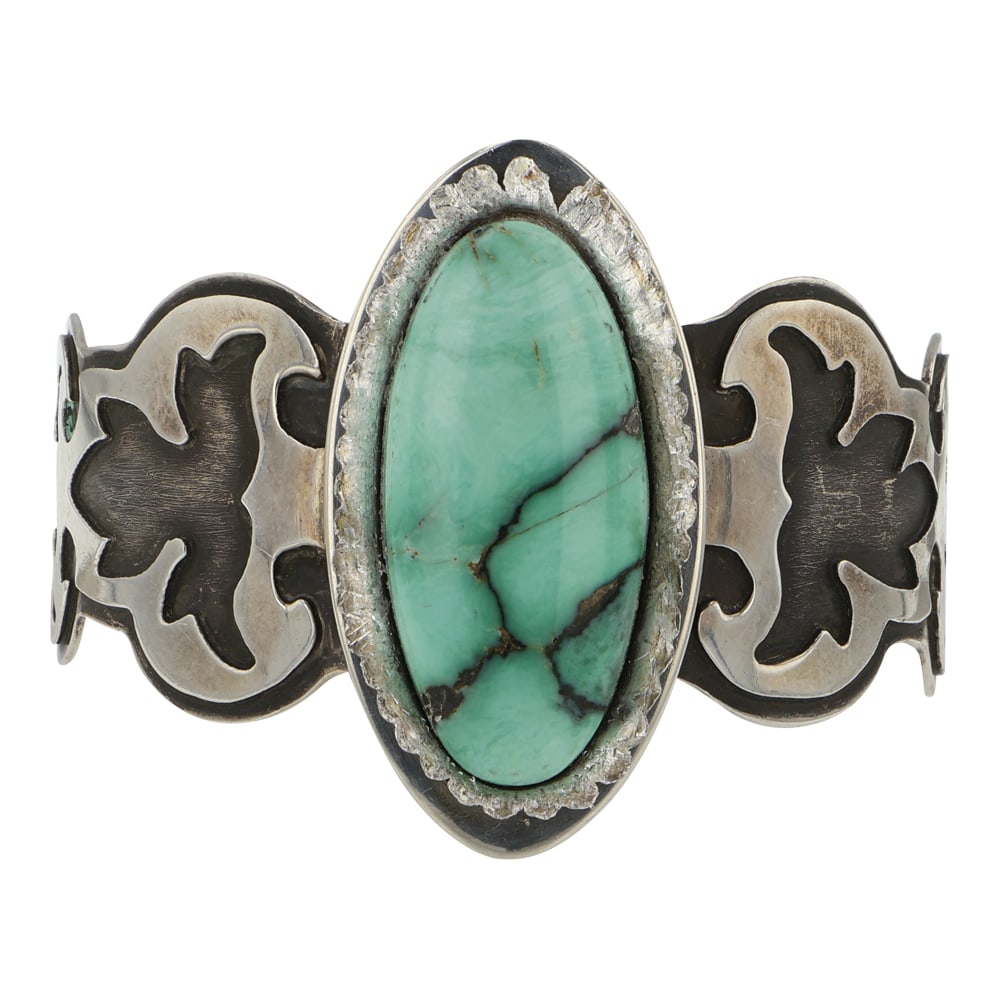 Navajo New Lander Chalcociderite Cuff Bracelet: Sterling Silver | Genuine New Lander Chalcociderite | Navajo New Lander Chalcociderite Cuff Bracelet | Navajo Native American Southwest Indian Jewelry | Good (no breaks or damages) | Approximate Weigh