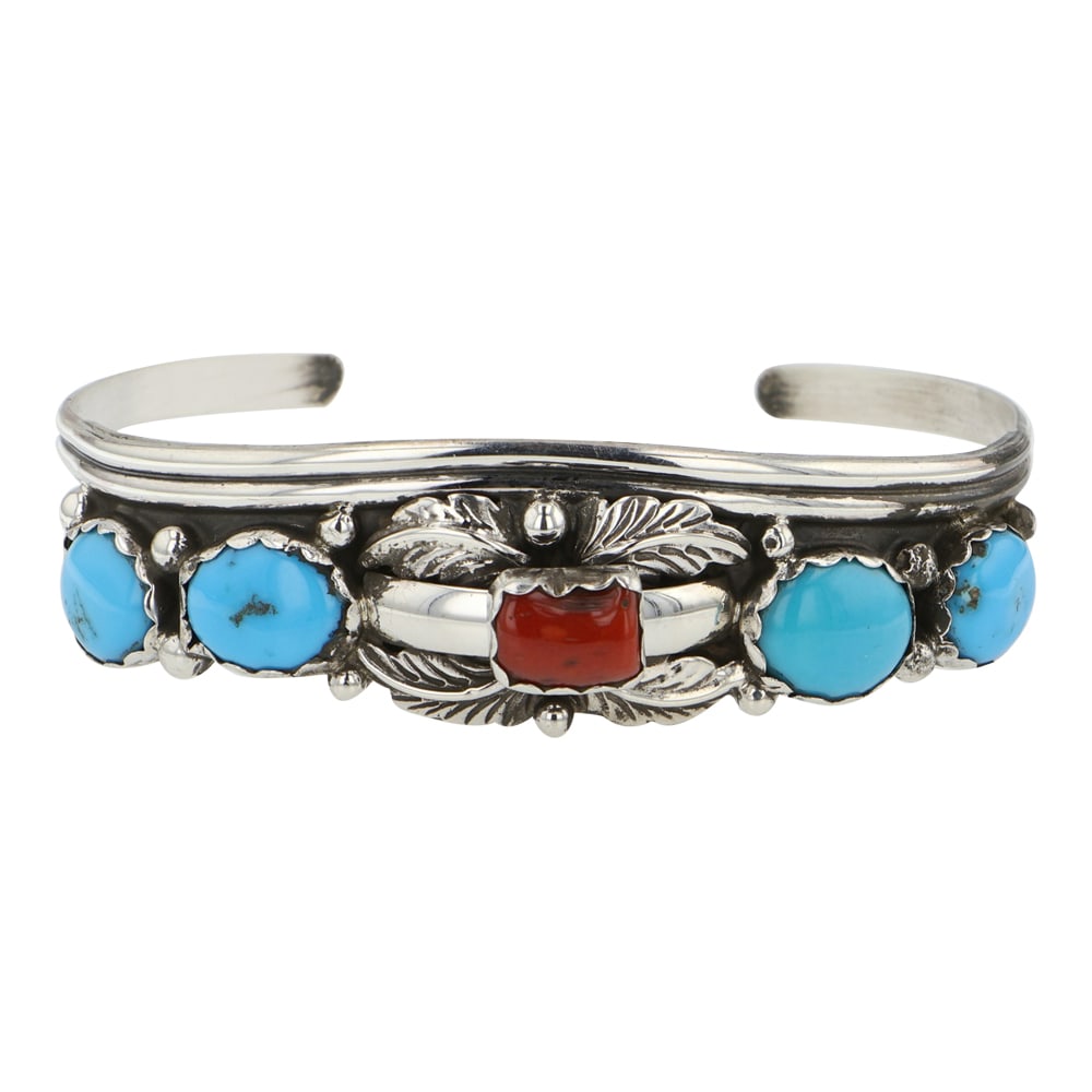 Navajo Turquoise & Coral Cuff Bracelet (1 of 4)
